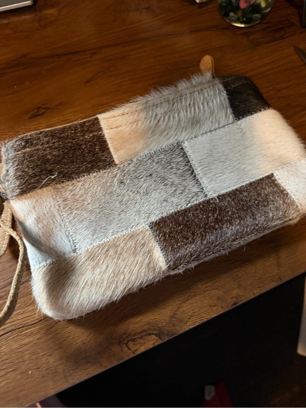 Myra Bag Patchwork Hair-on-Hide Clutch in Brown and Cream